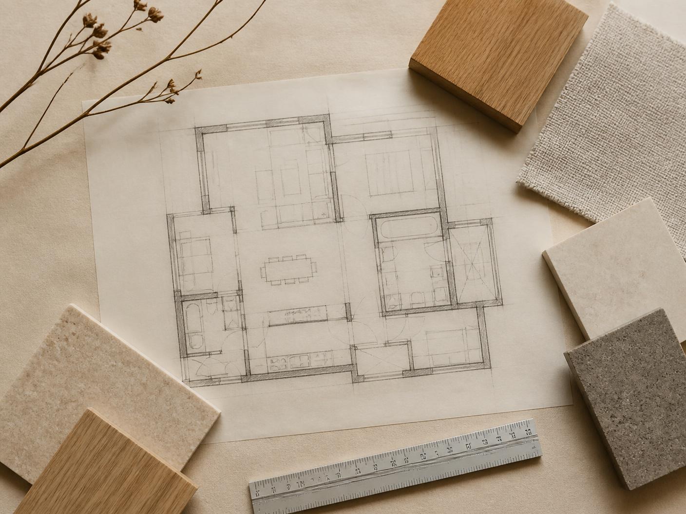 Planos dibujados a mano y muestras de materiales